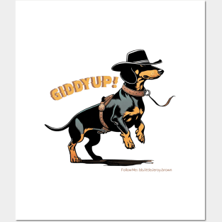 GIDDYUP! Black Tan Dachshund wearing cowboy hat & saddle Posters and Art